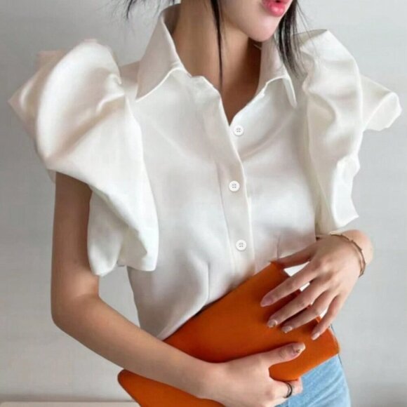 White Casual Women's Single-Breasted Shirt With Puff Sleeve Design - Picture 4 of 4